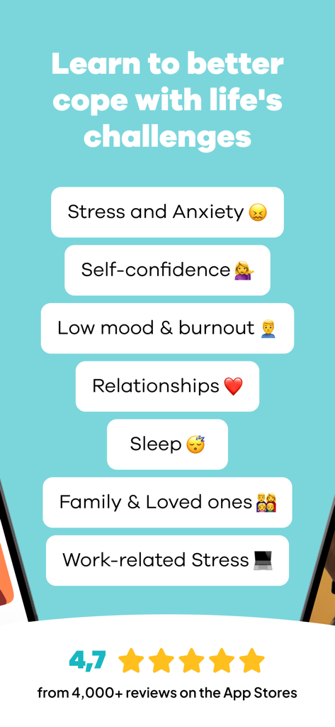 MindDay: Mental Health, Stress - Captura de pantalla de la aplicación MindDay que muestra temas de salud mental como estrés, ansiedad, agotamiento y relaciones con una calificación de 4.7 estrellas.