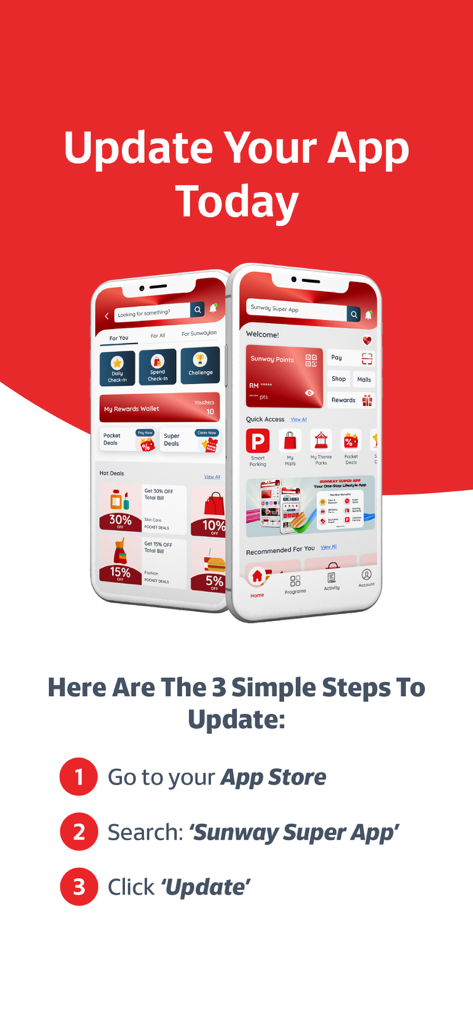 Sunway Super App - Promotional screen for Sunway Super App showing update instructions and mobile interface with lifestyle reward features