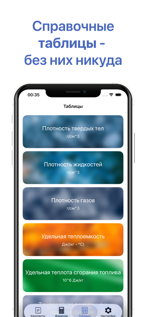 A mobile screen from the Physics Formulas and Tables app listing scientific reference categories like density and heat capacity in Russian.