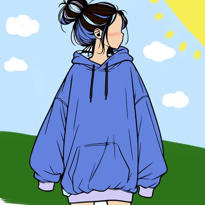 realistic girl with a oversized sweatshirt on and a bun