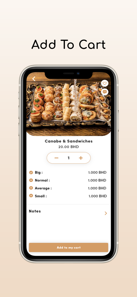 Almanar Bakery - Almanar Bakery app screen showing a platter of canapes and sandwiches with pricing and add to cart options