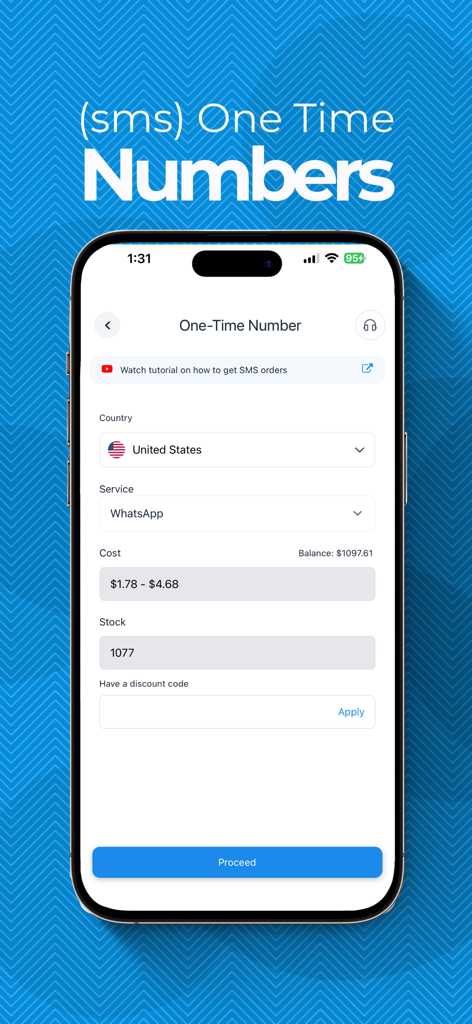 PanelSuite - PanelSuite app screen for selecting a one-time virtual phone number for SMS verification services like WhatsApp