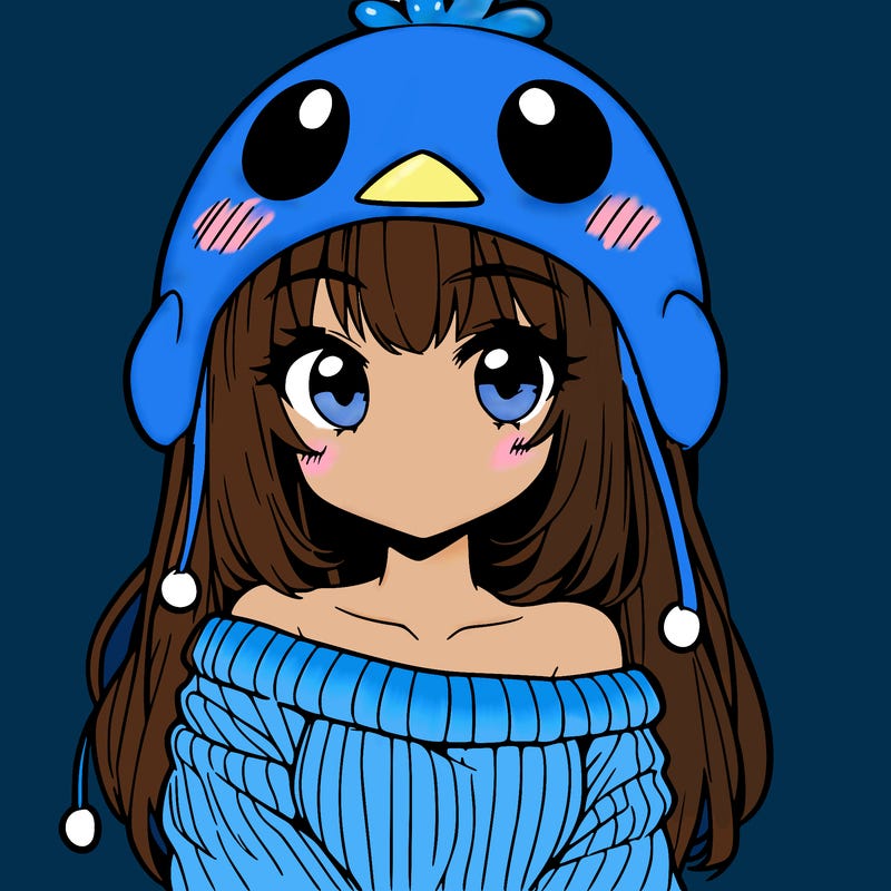 anime girl with chick shaped hat with sweater with bare shoulders with bangs covering them one eye with low tail