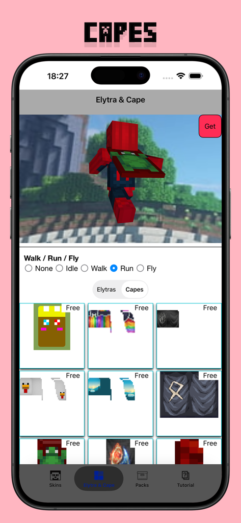 Skins for Minecraft - Skinseed - Minecraft Skinseed app screen showing a variety of free capes and elytra for character customization.