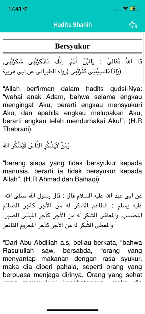 Hadist Shahih - Arabic and Indonesian text of an authentic Hadith about gratitude in the Hadist Shahih mobile application