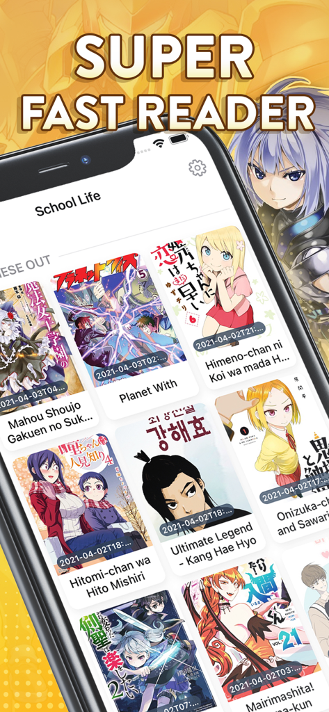 Interface do aplicativo Manga Max mostrando uma biblioteca de títulos de mangá com o título de leitor super rápido