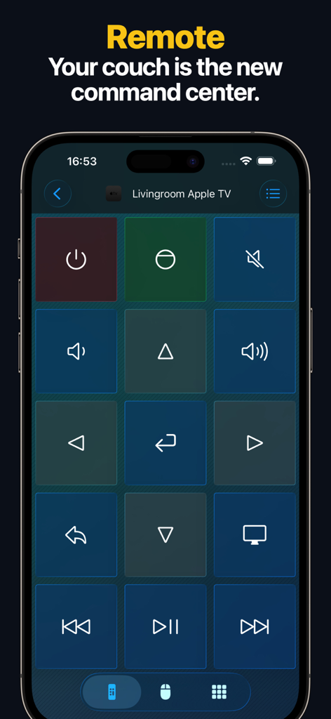 Remote, Mouse & Keyboard - Digital Apple TV remote control interface on an iPhone screen showing playback and volume buttons