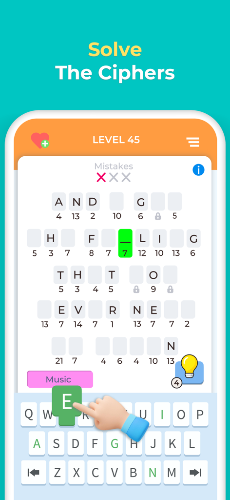 Cryptogram Letters and Numbers - Gameplay screen of Cryptogram Letters and Numbers showing a substitution puzzle and a keyboard
