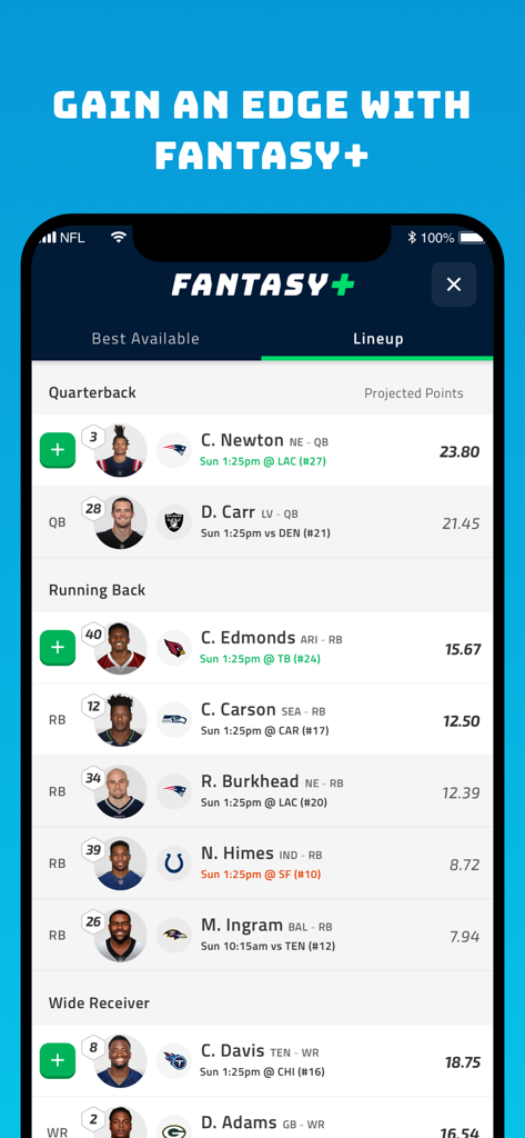 NFL Fantasy Football - NFL Fantasy Football app showing the Fantasy Plus lineup screen with player projections and positions