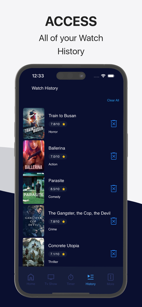Una interfaz móvil que muestra una lista del historial de visualización de películas con títulos como Train to Busan y Parasite junto con calificaciones y pósteres.