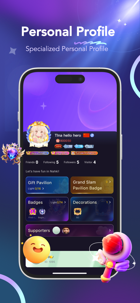 Nahki-Group Voice Chat & Party - Una captura de pantalla que muestra la interfaz del perfil personal de la aplicación Nahki con insignias de usuario y títulos de logros sociales