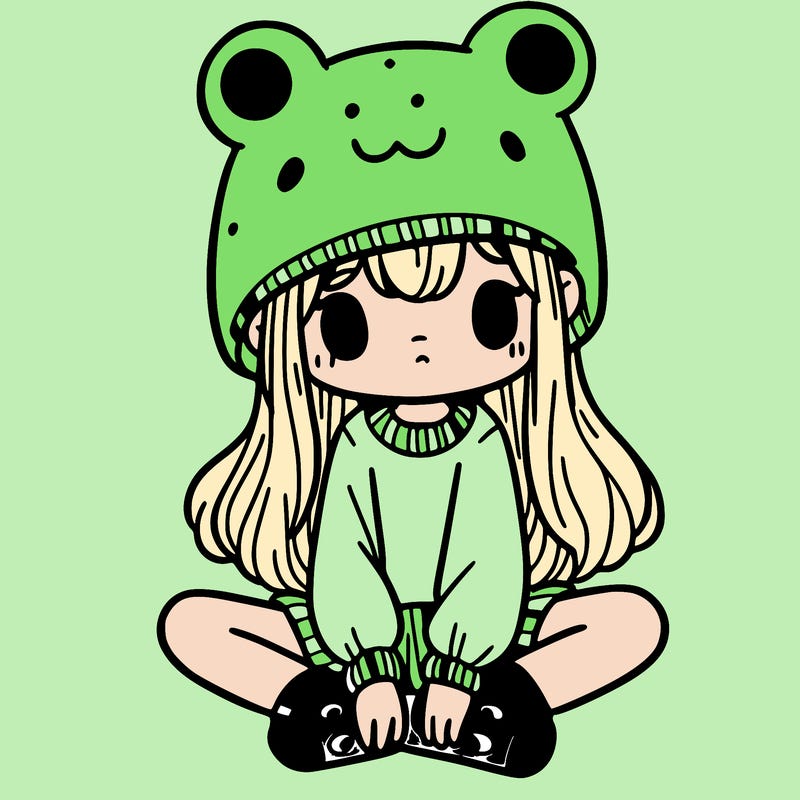 a girl wearing a frog hat and some frog socks
