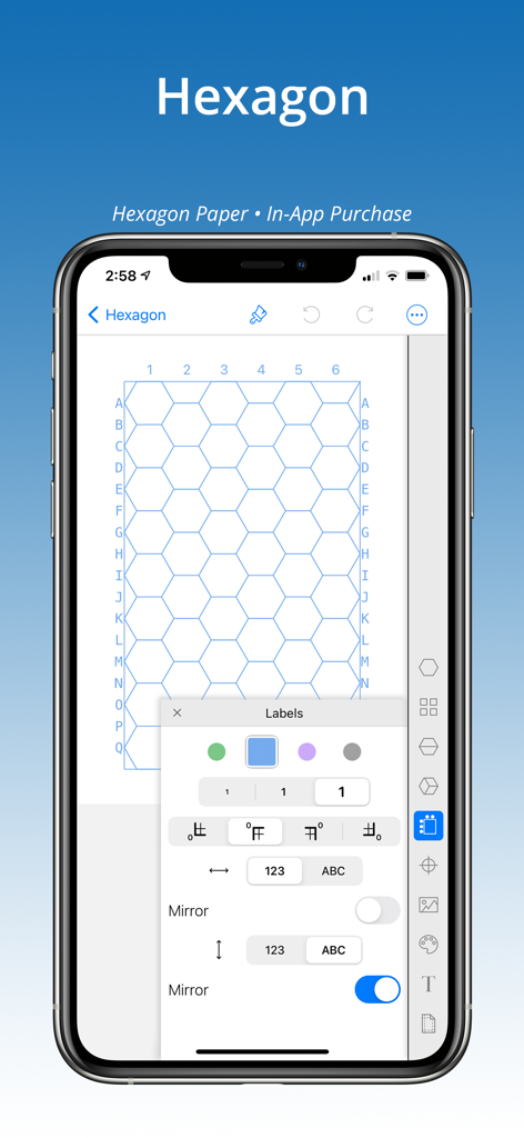 GridMaker - Pantalla de smartphone que muestra una cuadrícula hexagonal personalizable con etiquetas alfanuméricas en la aplicación GridMaker