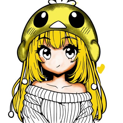 anime girl with chick shaped hat with sweater with bare shoulders with bangs covering them one eye with low tail