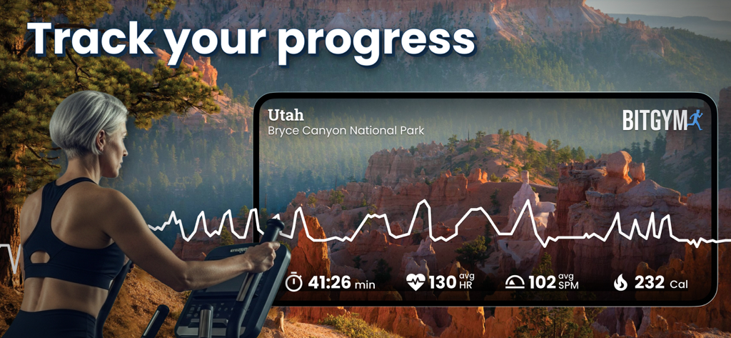 A woman using the BitGym app on an elliptical machine to track her progress with a scenic virtual route of Bryce Canyon