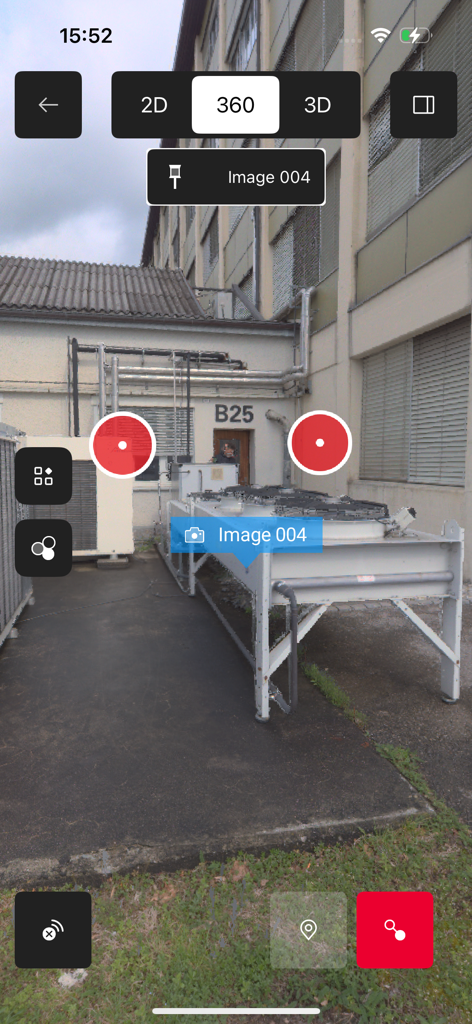 Panoramic 360 degree view of an industrial site within the Leica Cyclone FIELD 360 mobile app interface.
