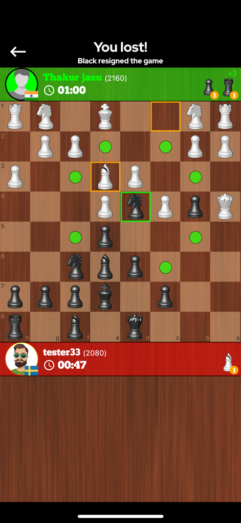 Chess Online - Duel Friends! - Mobile screen of an online chess game showing a realistic 3D board with player profiles and legal move highlights.