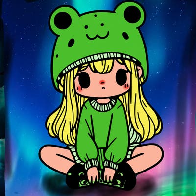 a girl wearing a frog hat and some frog socks