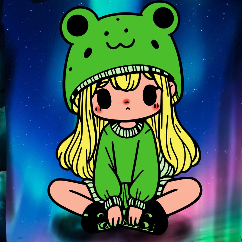 a girl wearing a frog hat and some frog socks