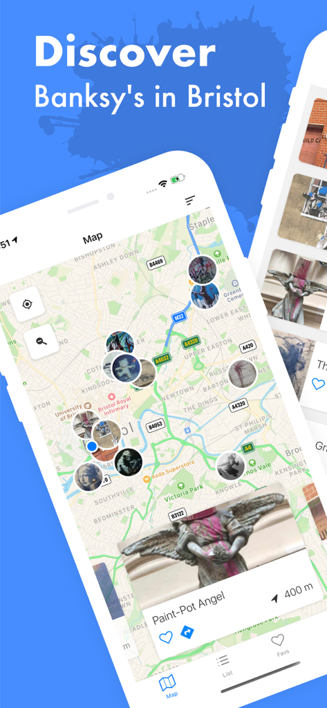 Mobile app screen showing an interactive map with locations of Banksy street art in Bristol