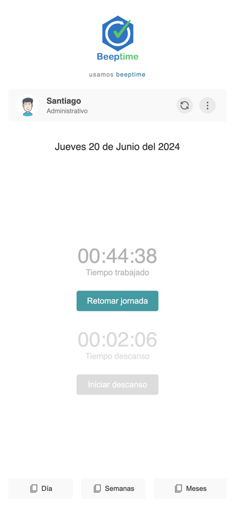Beep Time - Beep Time app interface showing work shift duration and resume journey button