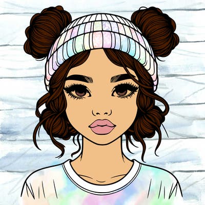 realistic girl with buns in her hair with a beanie on