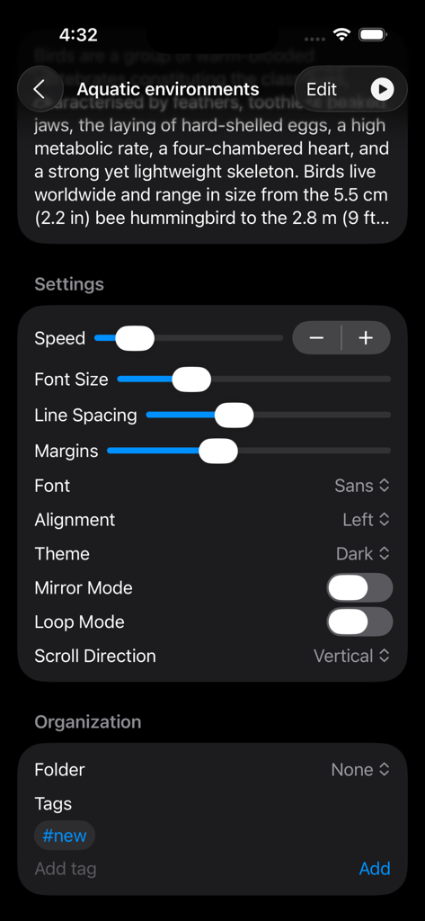 Teleprompter Studio - Interfaz de Teleprompter Studio para personalizar la velocidad de desplazamiento del guion y la apariencia del texto