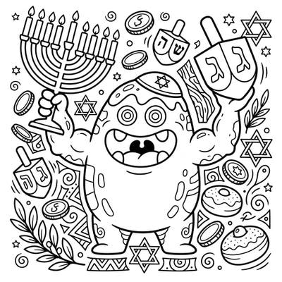 Dive into a unique Hanukkah celebration with this delightful coloring page featuring an enthusiastic Pudding Monster. Surrounded by menorahs, dreidels, and delicious donuts, it's perfect for adding a touch of festive fun to your holiday!