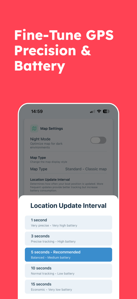 Safety Anchor Alarm - Interface for fine-tuning GPS precision and battery consumption via location update intervals in the Safety Anchor Alarm app
