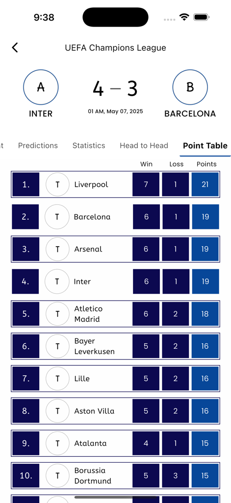 Nova Soccer Hub app displaying UEFA Champions League point table and standings