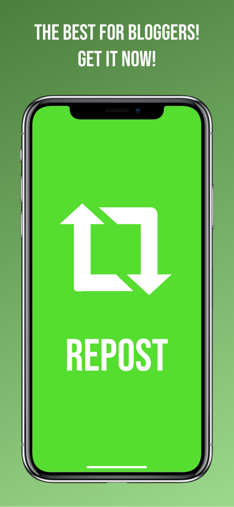 Easy Repost for Instagram - Easy Repost for Instagram app splash screen with a green background and repost icon on a smartphone screen