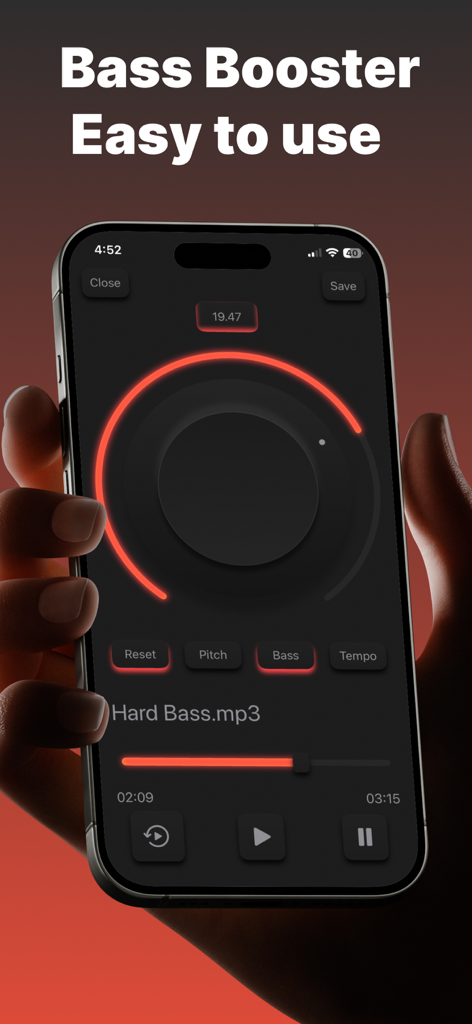Bass Booster Volume Booster - Pantalla de smartphone que muestra la aplicación Bass Booster con controles de audio y un gran dial