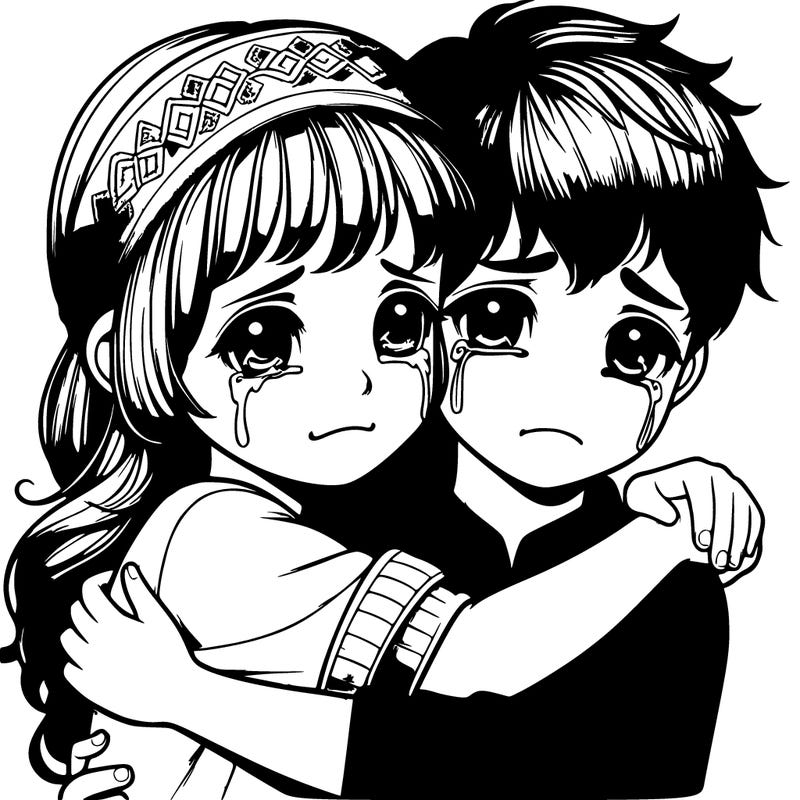 realistic boy and girl hugging and crying