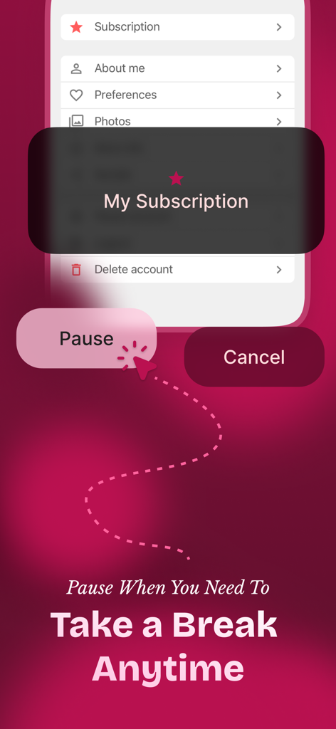 Faith - Christian singles - Faith dating app interface showing subscription management with an option to pause account activities