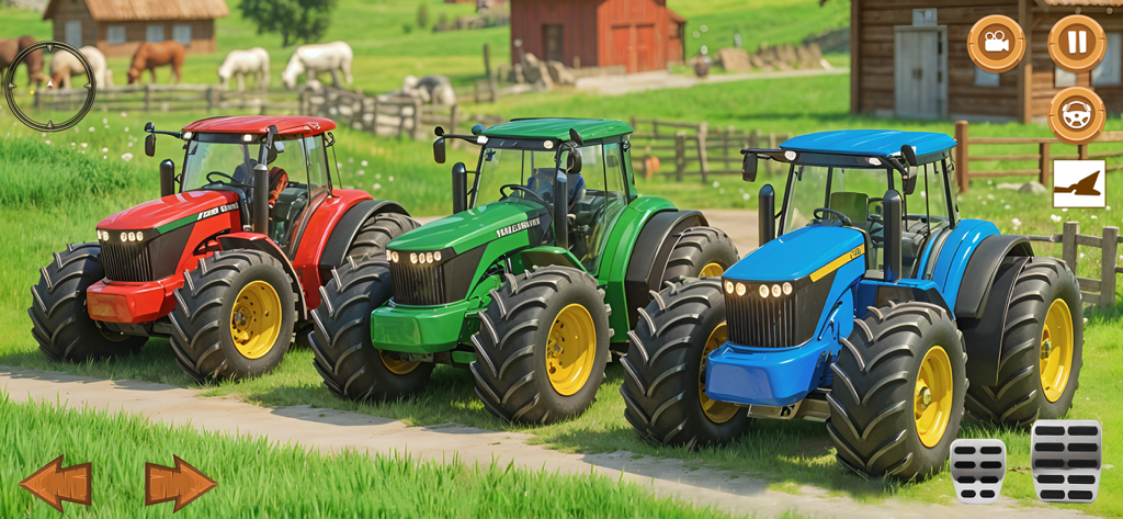 Real Farming Tractor 3D - Tres tractores 3D en colores rojo, verde y azul aparcados en un camino de granja en un juego de simulación.