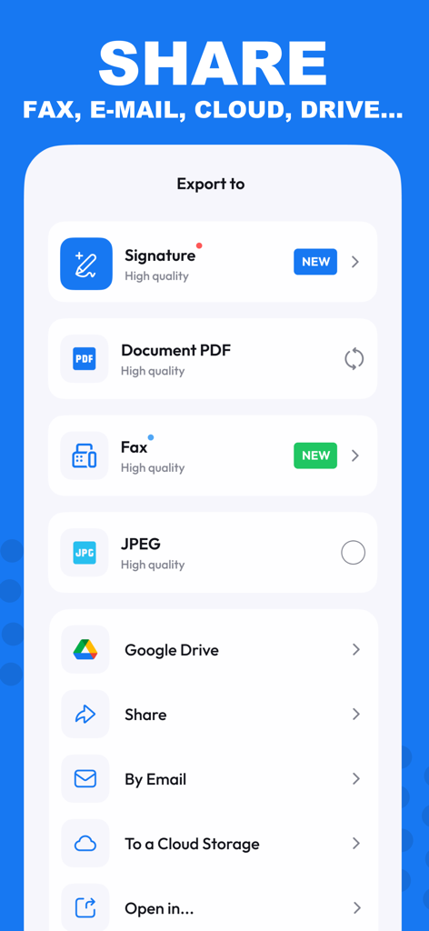 Scan Cam: Docs PDF Scanner App - Interfaz de la aplicación Scan Cam que muestra opciones para exportar documentos como PDF, JPEG o a través de correo electrónico y servicios en la nube.