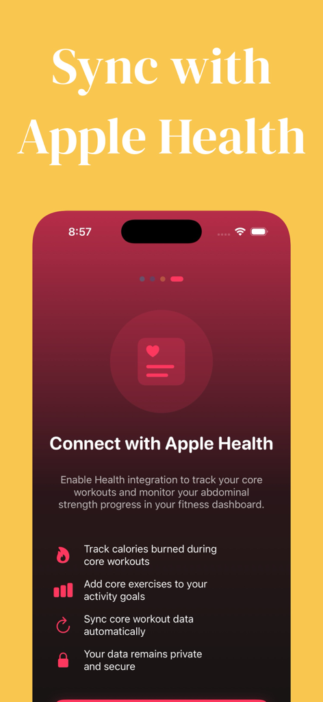 Core30: Abs & Core Workout App - Screenshot of Core30 app showing Apple Health integration for syncing workout data and tracking calories.