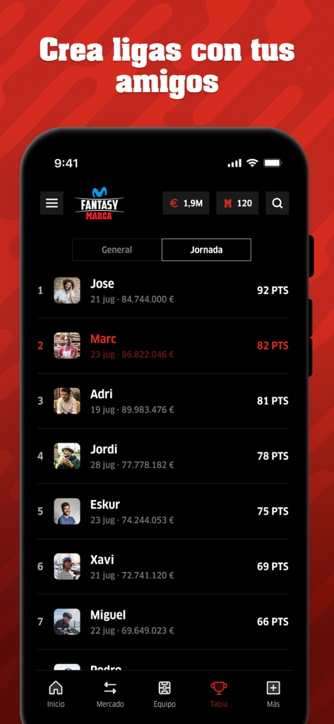 Fantasy MARCA - Pantalla de clasificación de la aplicación móvil MARCA Fantasy mostrando las posiciones y puntos de los amigos en una liga de fútbol.