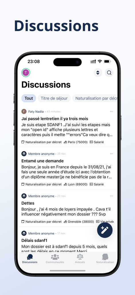 Sospréf: démarches préfecture - La pestaña Discusiones de la aplicación Sospref presenta un foro comunitario para procedimientos administrativos franceses y permisos de residencia.