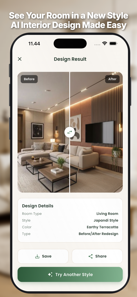 AI Room Design : Home Interior - Mobile app interface showing AI generated before and after comparison of a Japandi style living room