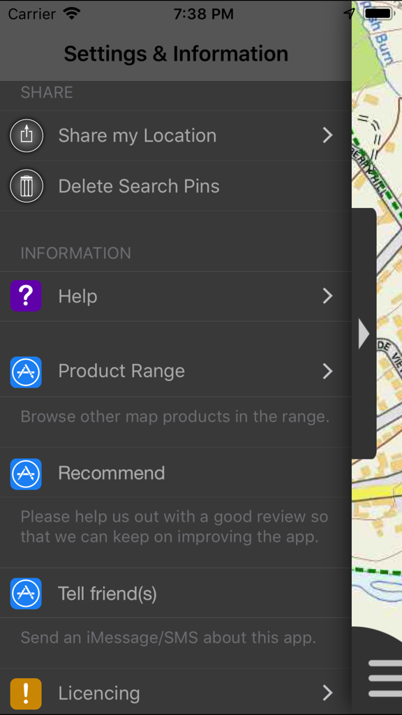 Northumberland Maps Offline - Settings and information menu screen for the Northumberland Maps Offline app showing various navigation and sharing options.