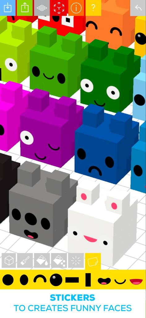 A variety of colorful 3D blocks with different facial expressions created using stickers in Tayasui Blocks