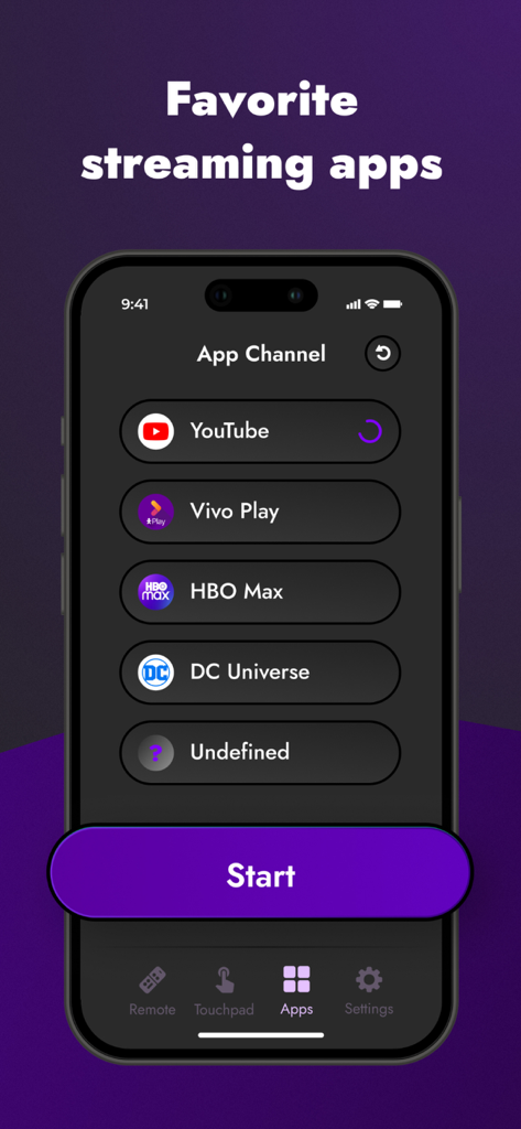 TV Remote for Roku: Smart app - Pantalla de iPhone mostrando una lista de canales de streaming favoritos dentro de una aplicación de control remoto de TV Roku