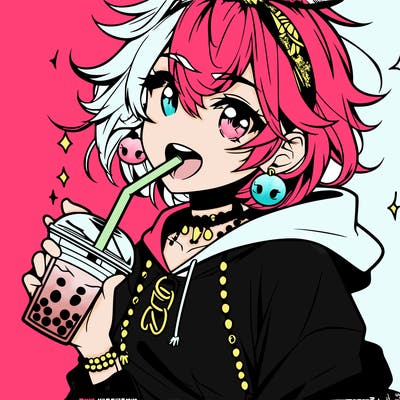 hot baddie anime girl drinking boba and biting the straw