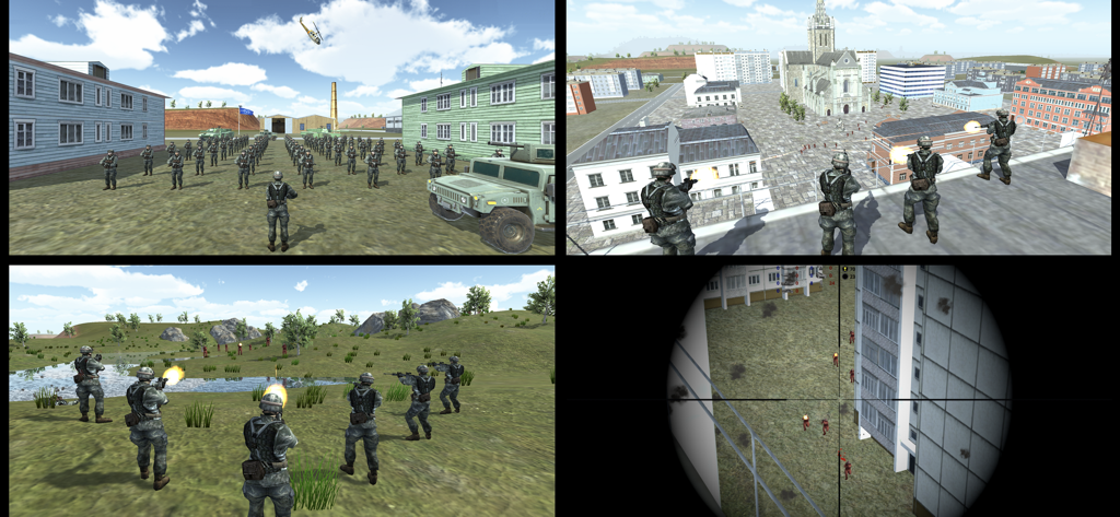 Battle 3D - Strategy game - Four screenshots showing military troop formations, urban combat, field skirmishes, and a sniper scope view in Battle 3D Strategy game.