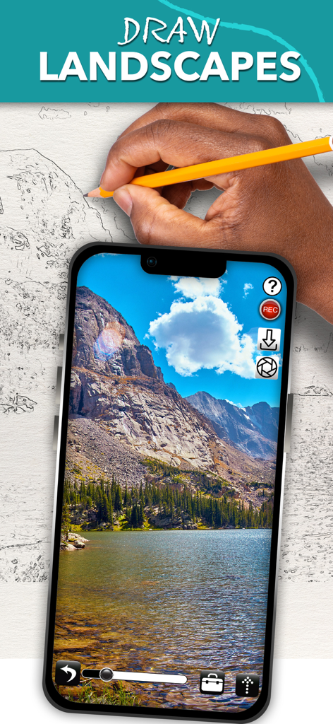 Drawing a landscape on paper using the Camera Lucida AR drawing app on a smartphone