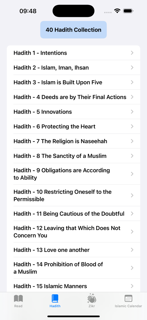 Un écran d'application mobile affichant une liste des 40 Hadiths avec des titres comme Intentions et Islam Iman Ihsan.