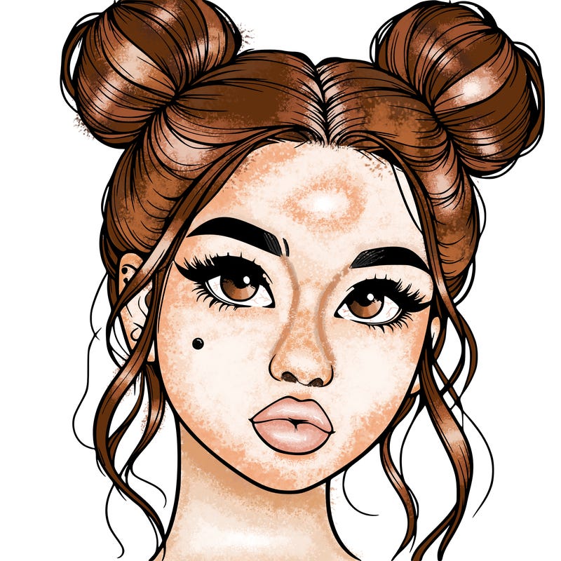realistic girl with two buns on her hair and lips