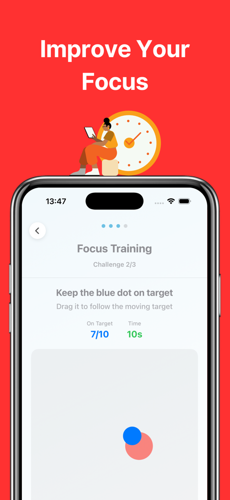 BrainFit Logic Puzzles & Focus - Exercice d'entraînement à la concentration de l'application BrainFit où un utilisateur suit une cible en mouvement avec un point bleu.