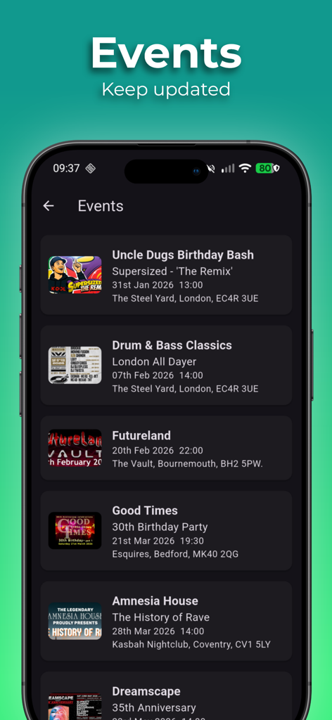 A mobile app screen showing a list of upcoming old school rave and drum and bass music events.